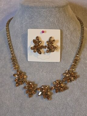 Vintage Signed Sherman Amber Topaz AB Crystal Necklace And Clip-on Earrings